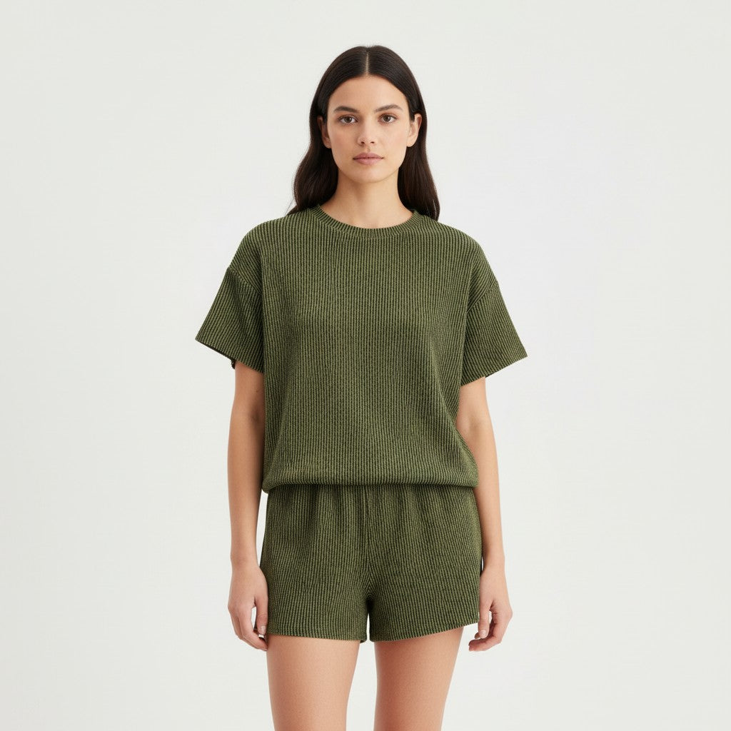 Women's Ribbed Short Sleeve Top and Shorts Set-Bon Voyage Vintage