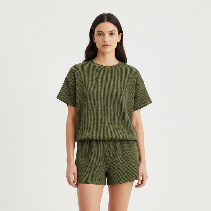 Women's Ribbed Short Sleeve Top and Shorts Set-Bon Voyage Vintage