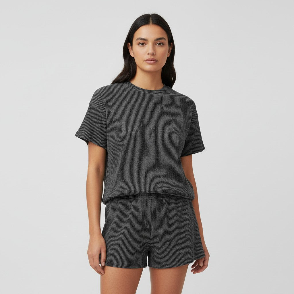Women's Ribbed Short Sleeve Top and Shorts Set-Bon Voyage Vintage