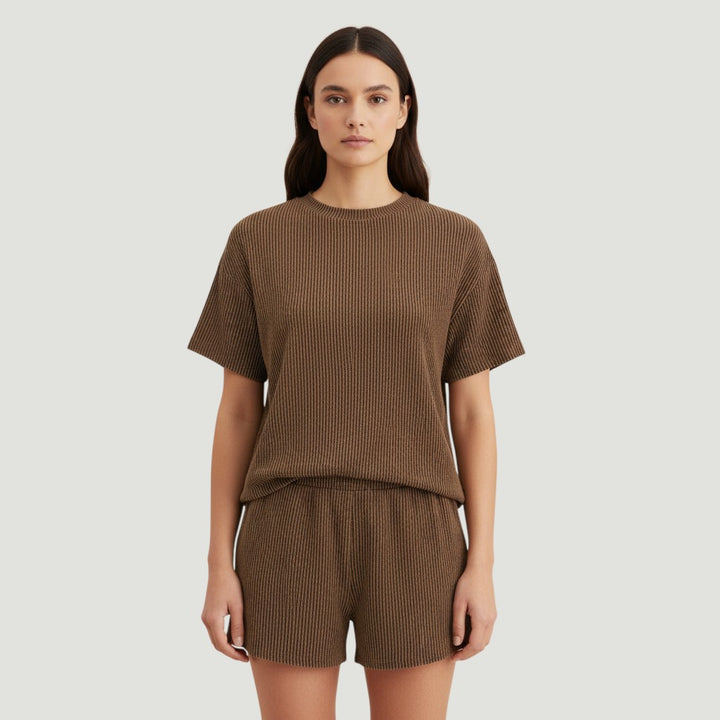 Women's Ribbed Short Sleeve Top and Shorts Set-Bon Voyage Vintage