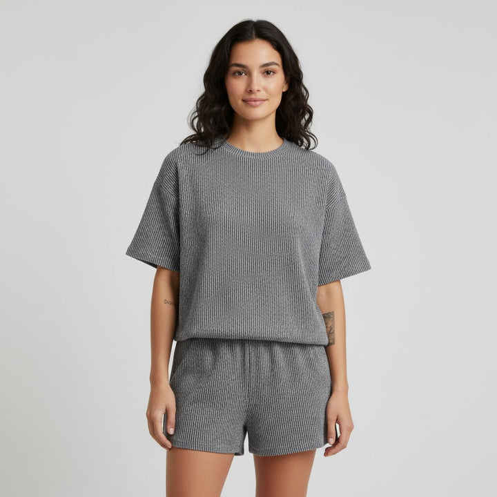Women's Ribbed Short Sleeve Top and Shorts Set-Bon Voyage Vintage
