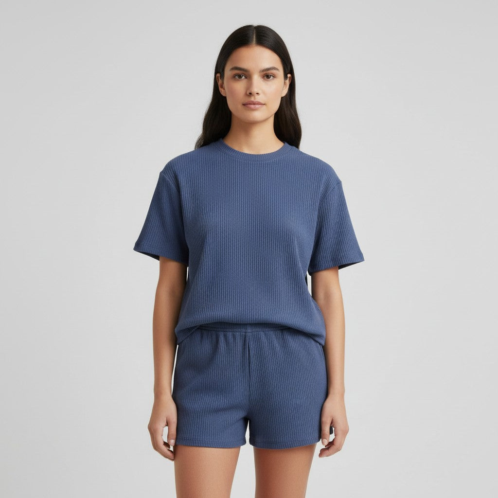 Women's Ribbed Short Sleeve Top and Shorts Set-Bon Voyage Vintage