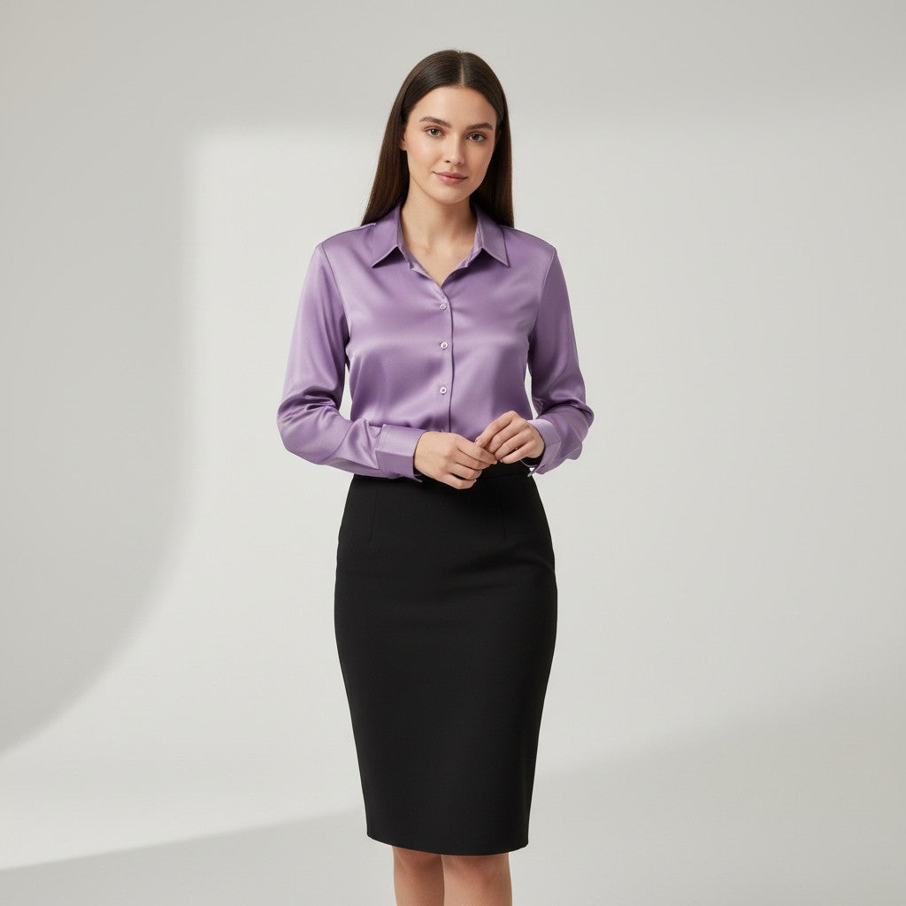 Women’s Satin Button-Up Blouse Elegant Silky Casual Top-Bon Voyage Vintage