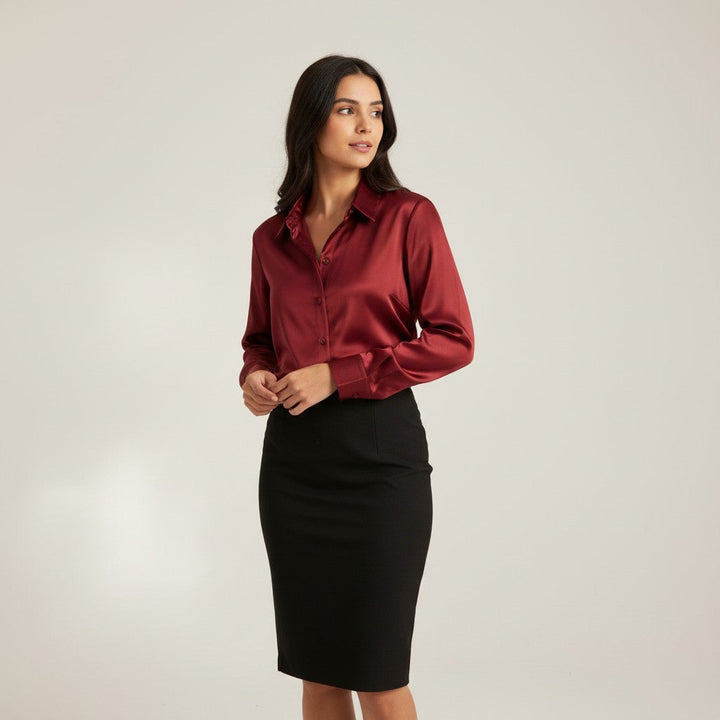 Women’s Satin Button-Up Blouse Elegant Silky Casual Top-Bon Voyage Vintage