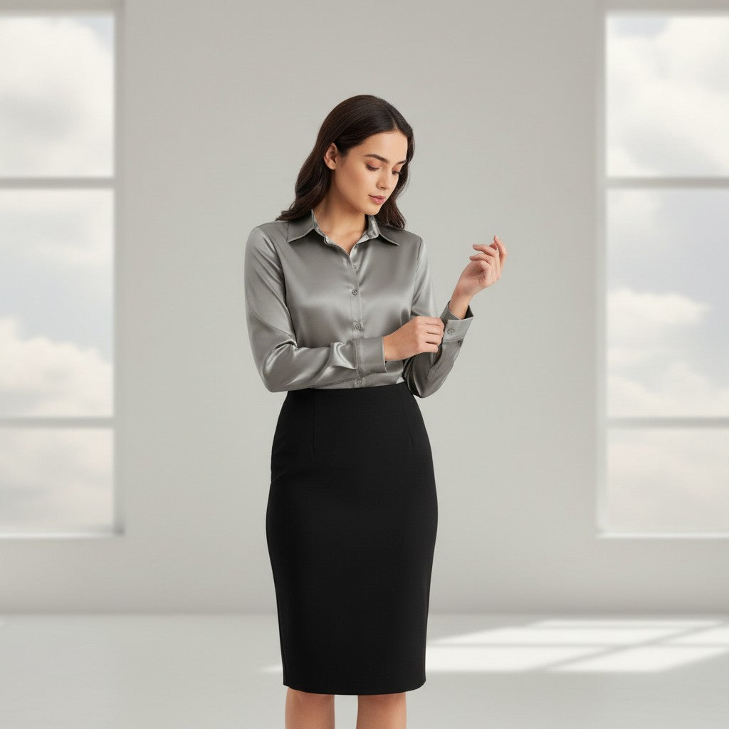 Women’s Satin Button-Up Blouse Elegant Silky Casual Top-Bon Voyage Vintage