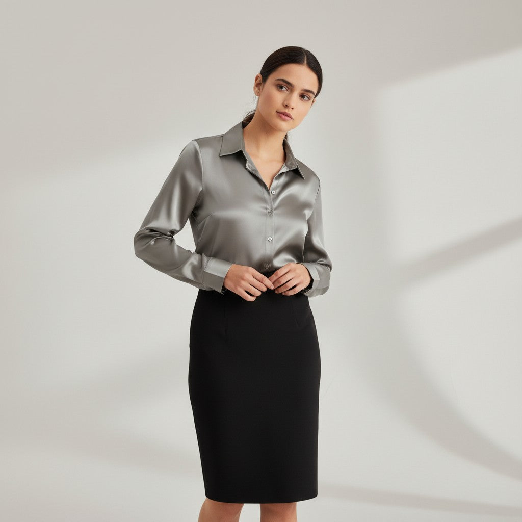 Women’s Satin Button-Up Blouse Elegant Silky Casual Top-Bon Voyage Vintage