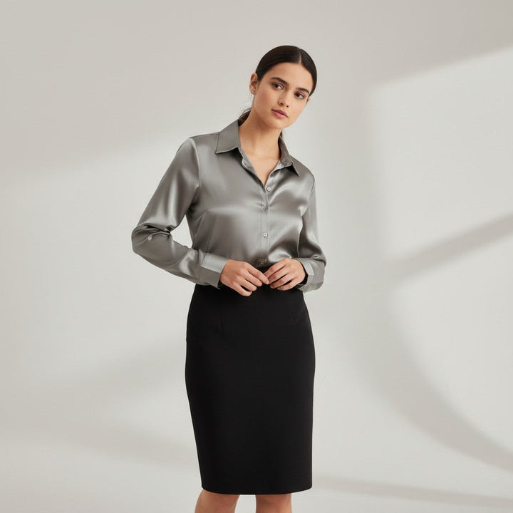 Women’s Satin Button-Up Blouse Elegant Silky Casual Top-Bon Voyage Vintage