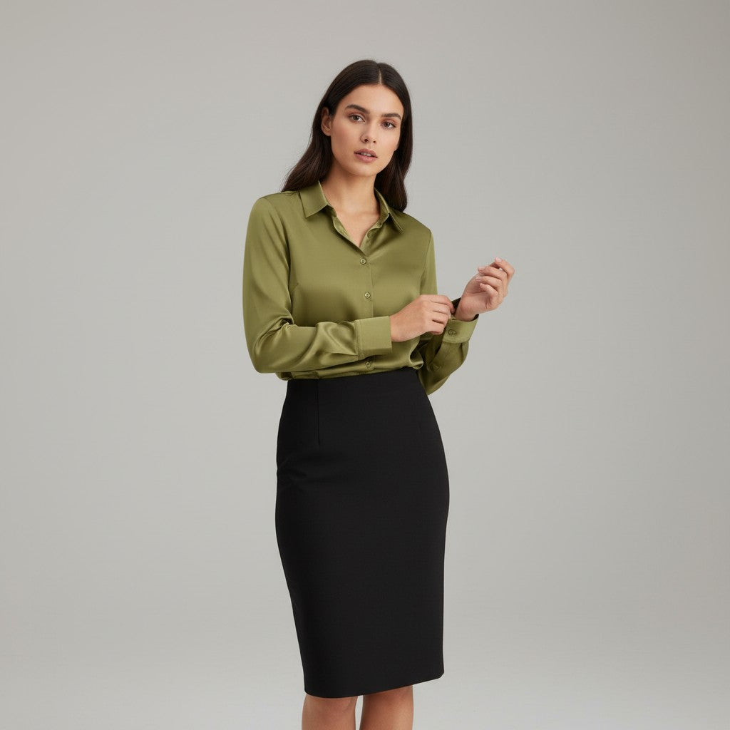 Women’s Satin Button-Up Blouse Elegant Silky Casual Top-Bon Voyage Vintage