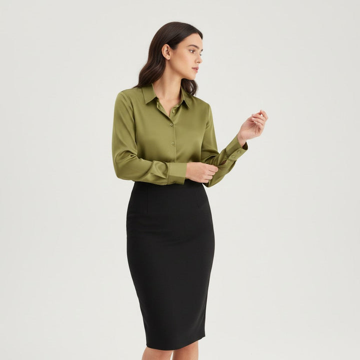 Women’s Satin Button-Up Blouse Elegant Silky Casual Top-Bon Voyage Vintage