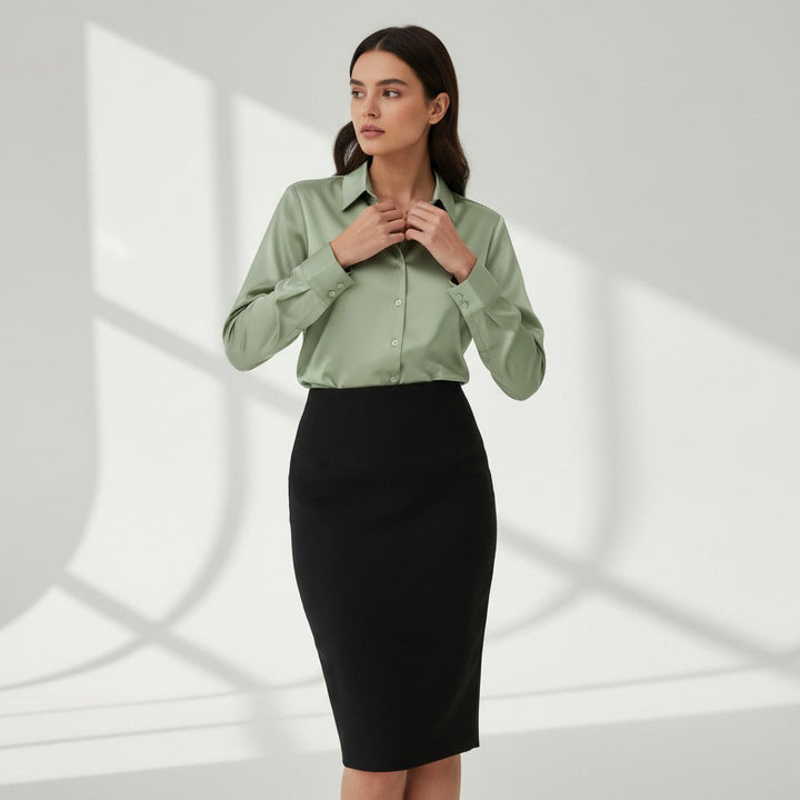 Women’s Satin Button-Up Blouse Elegant Silky Casual Top-Bon Voyage Vintage