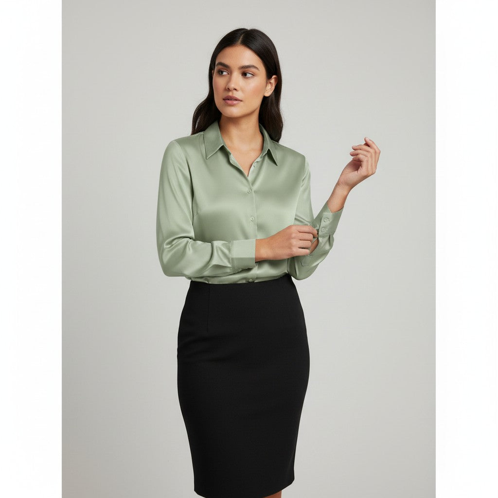 Women’s Satin Button-Up Blouse Elegant Silky Casual Top-Bon Voyage Vintage