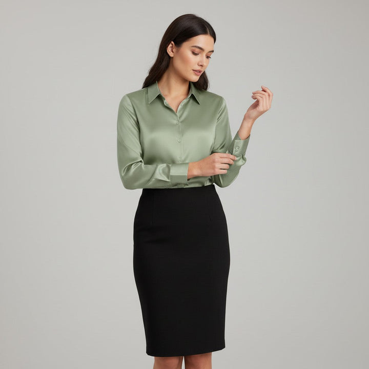 Women’s Satin Button-Up Blouse Elegant Silky Casual Top-Bon Voyage Vintage