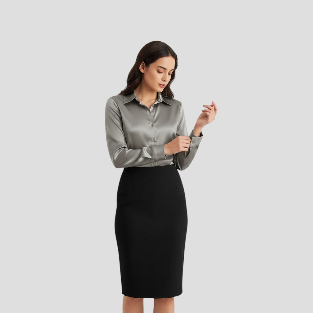 Women’s Satin Button-Up Blouse Elegant Silky Casual Top-Bon Voyage Vintage