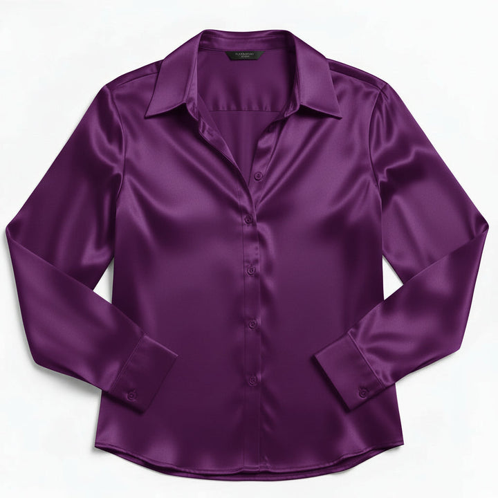 Women’s Satin Button-Up Blouse Elegant Silky Casual Top-Bon Voyage Vintage