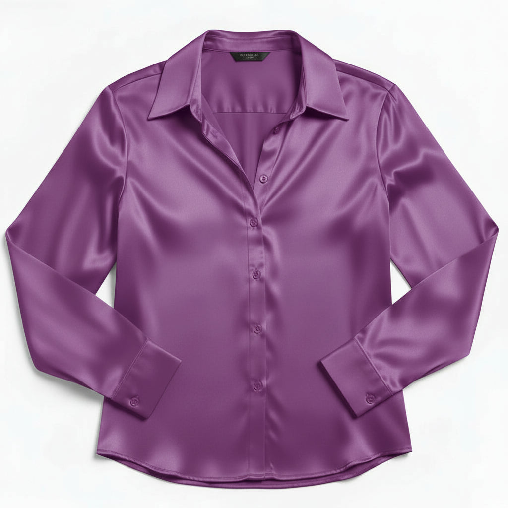 Women’s Satin Button-Up Blouse Elegant Silky Casual Top-Bon Voyage Vintage