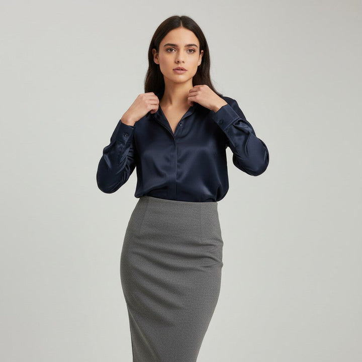 Women’s Satin Button-Up Blouse Elegant Silky Casual Top-Bon Voyage Vintage
