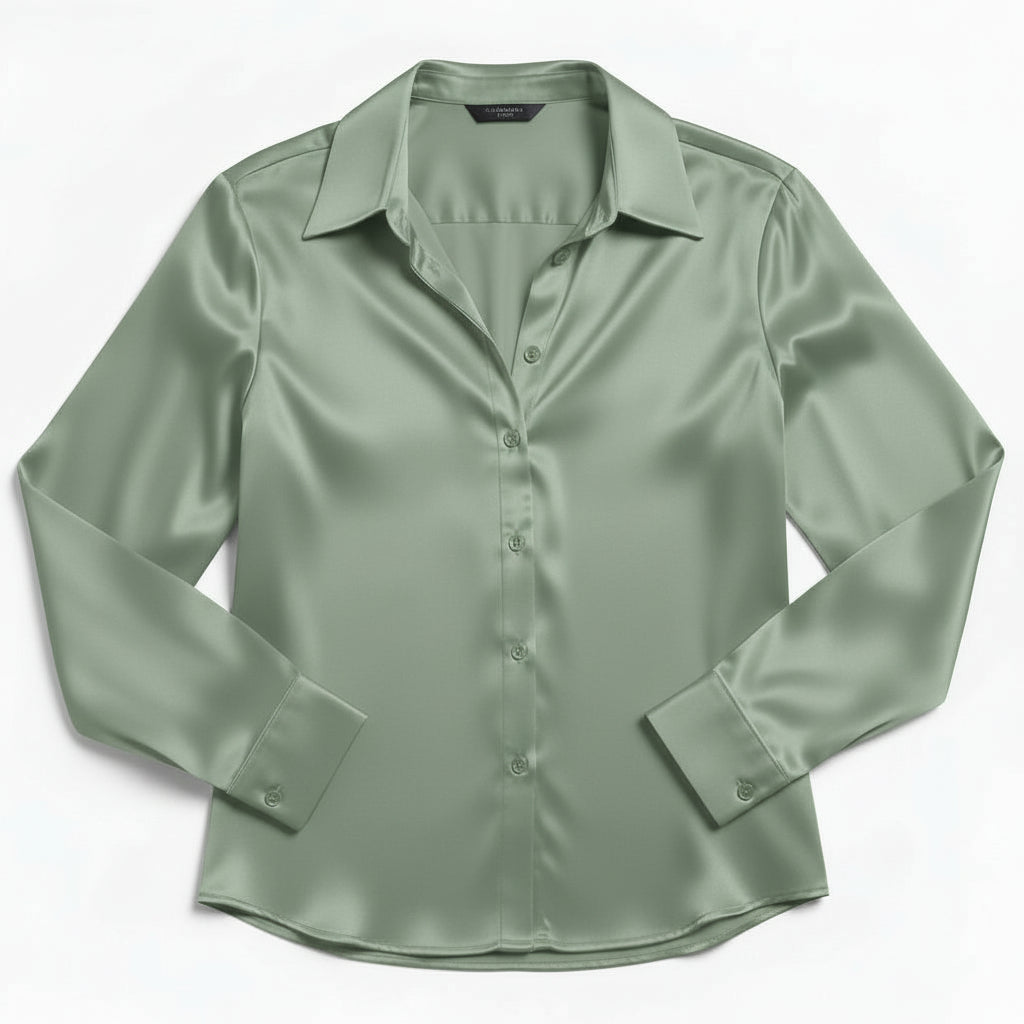 Women’s Satin Button-Up Blouse Elegant Silky Casual Top-Bon Voyage Vintage