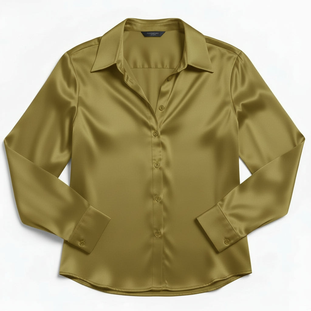 Women’s Satin Button-Up Blouse Elegant Silky Casual Top-Bon Voyage Vintage