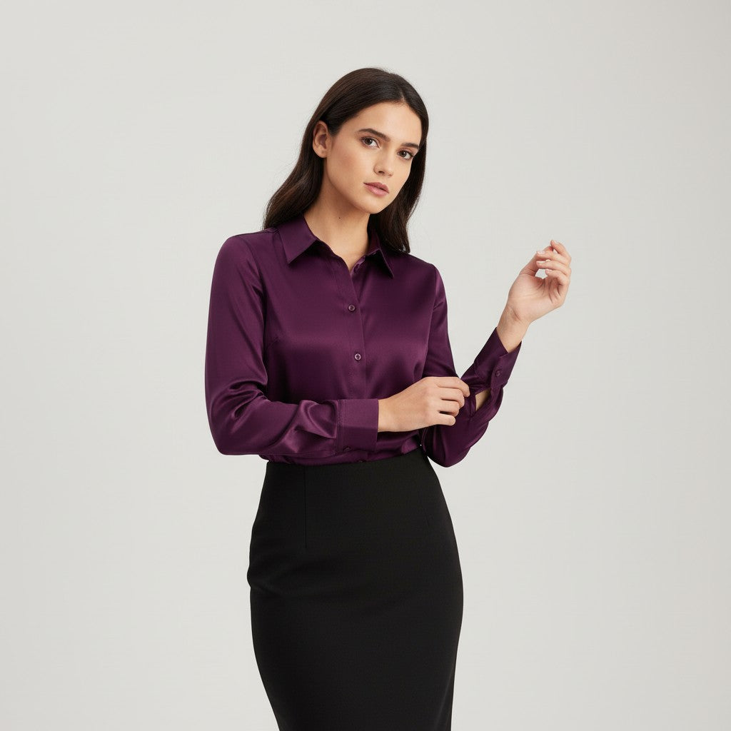 Women’s Satin Button-Up Blouse Elegant Silky Casual Top-Bon Voyage Vintage