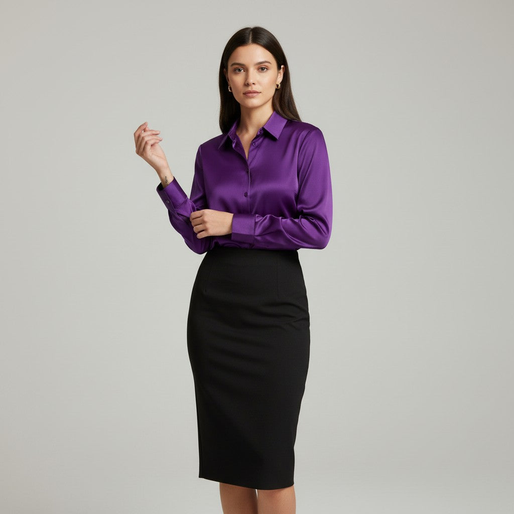 Women’s Satin Button-Up Blouse Elegant Silky Casual Top-Bon Voyage Vintage