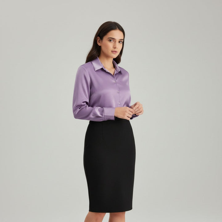 Women’s Satin Button-Up Blouse Elegant Silky Casual Top-Bon Voyage Vintage
