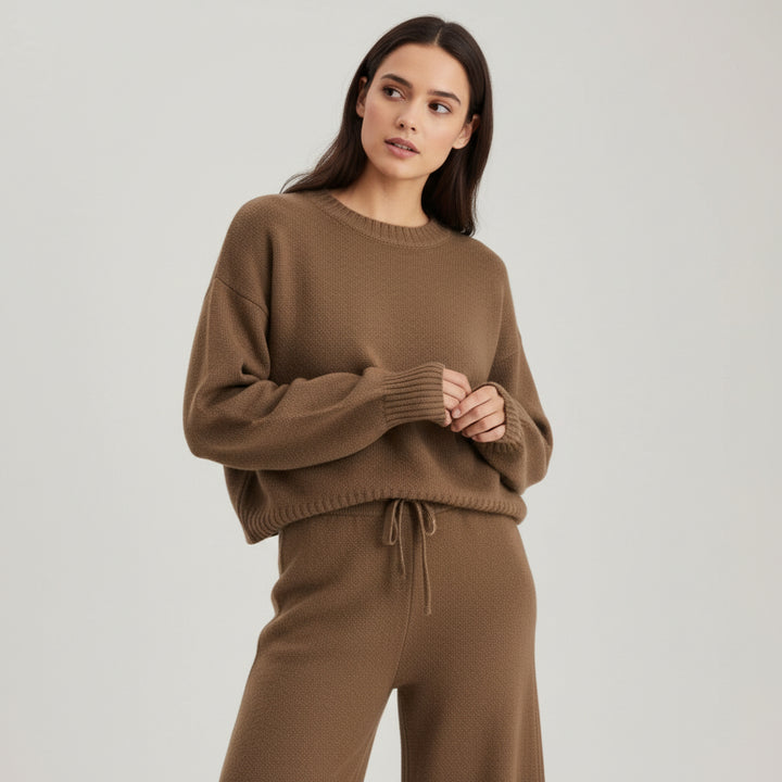 Women’s Seed Stitch Sweater Two-Piece Set Pullover & Wide Leg Pants Outfit-Bon Voyage Vintage
