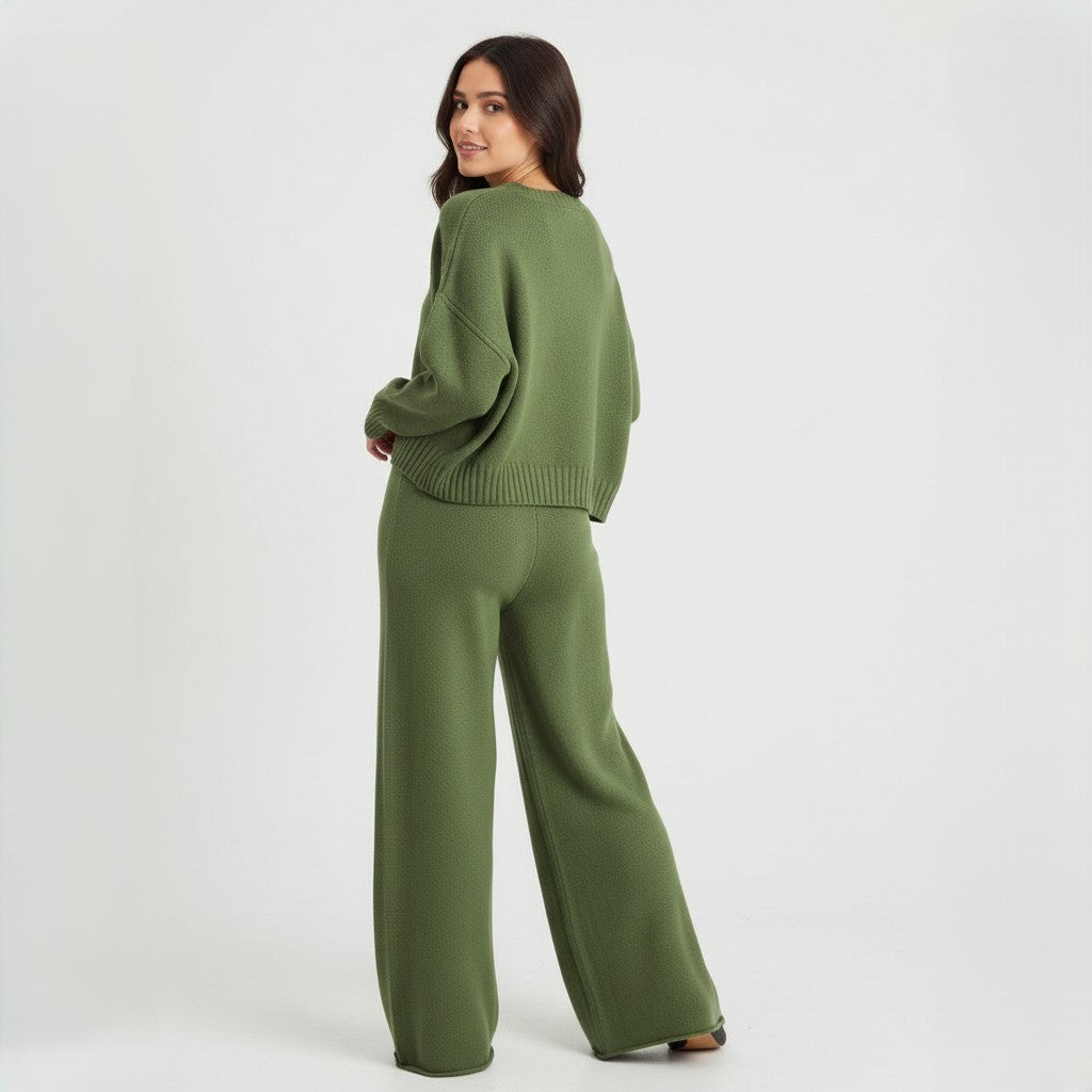 Women’s Seed Stitch Sweater Two-Piece Set Pullover & Wide Leg Pants Outfit-Bon Voyage Vintage