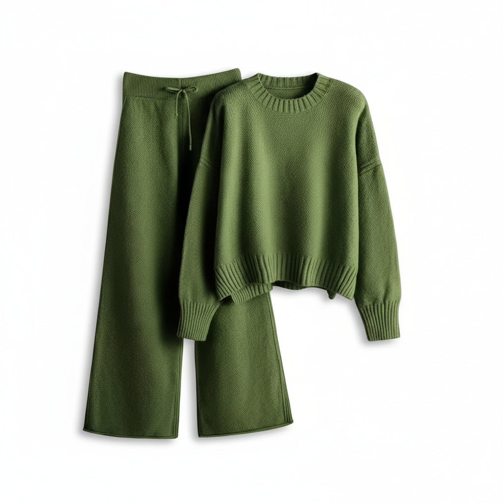 Women’s Seed Stitch Sweater Two-Piece Set Pullover & Wide Leg Pants Outfit-Bon Voyage Vintage