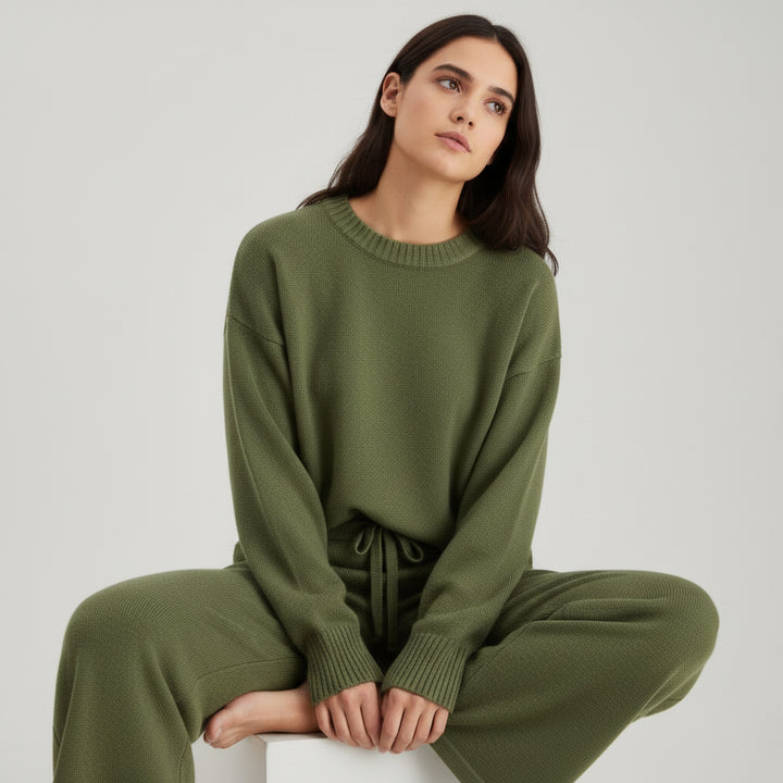 Women’s Seed Stitch Sweater Two-Piece Set Pullover & Wide Leg Pants Outfit-Bon Voyage Vintage