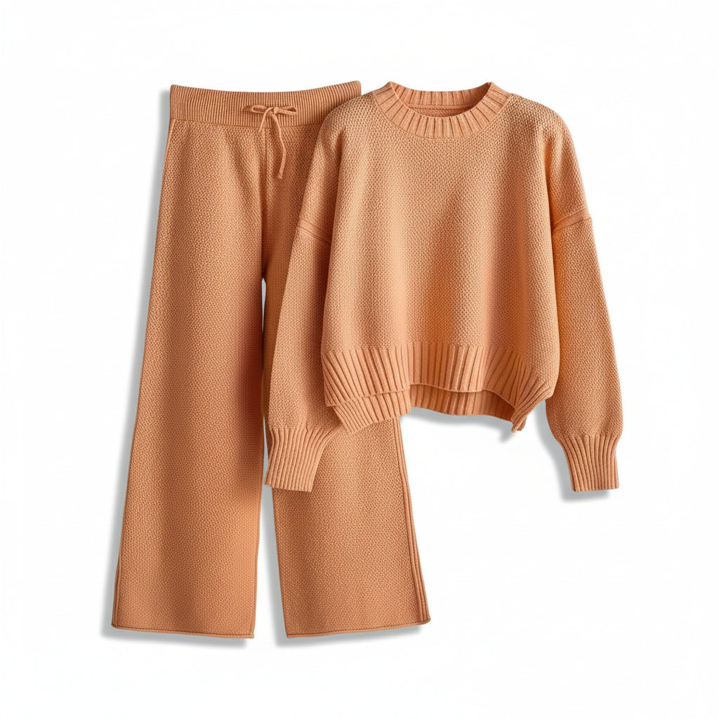 Women’s Seed Stitch Sweater Two-Piece Set Pullover & Wide Leg Pants Outfit-Bon Voyage Vintage
