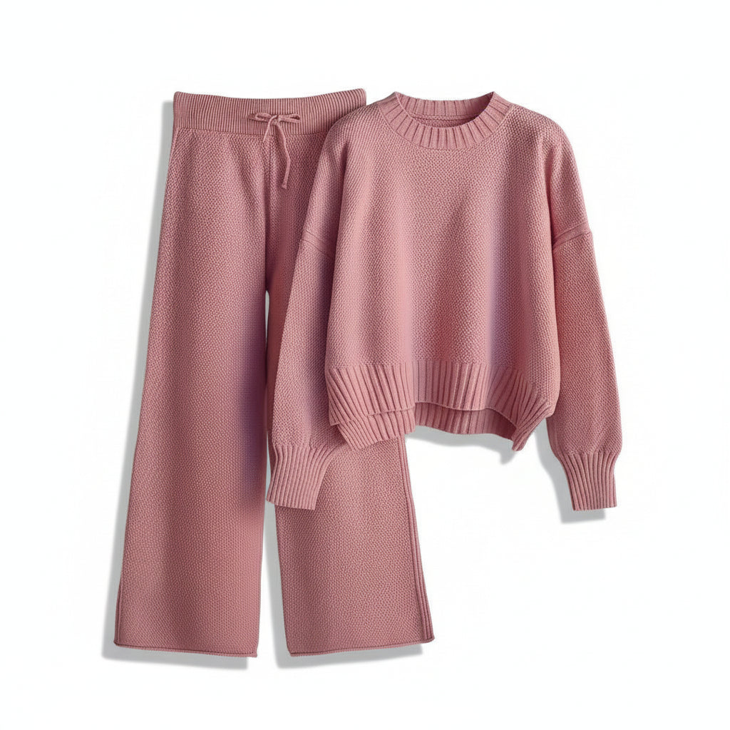 Women’s Seed Stitch Sweater Two-Piece Set Pullover & Wide Leg Pants Outfit-Bon Voyage Vintage