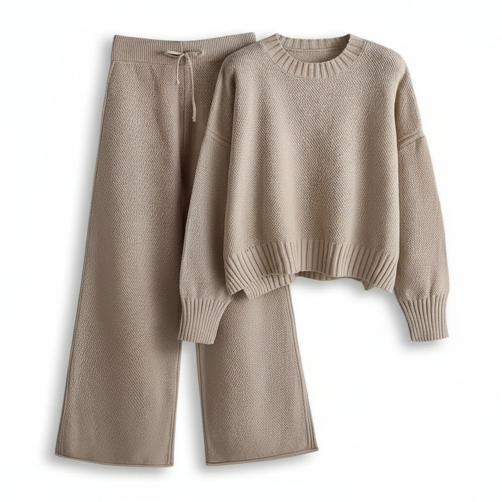 Women’s Seed Stitch Sweater Two-Piece Set Pullover & Wide Leg Pants Outfit-Bon Voyage Vintage