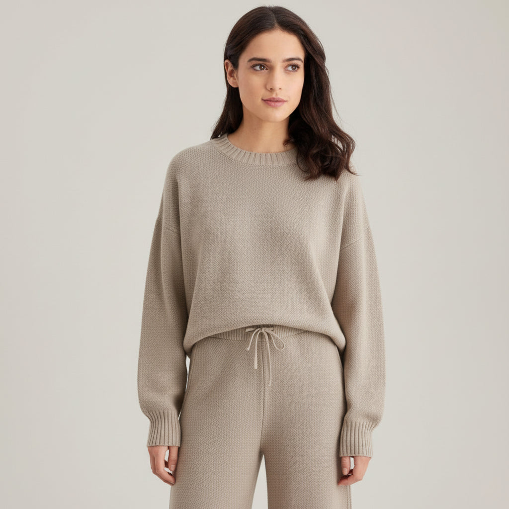 Women’s Seed Stitch Sweater Two-Piece Set Pullover & Wide Leg Pants Outfit-Bon Voyage Vintage