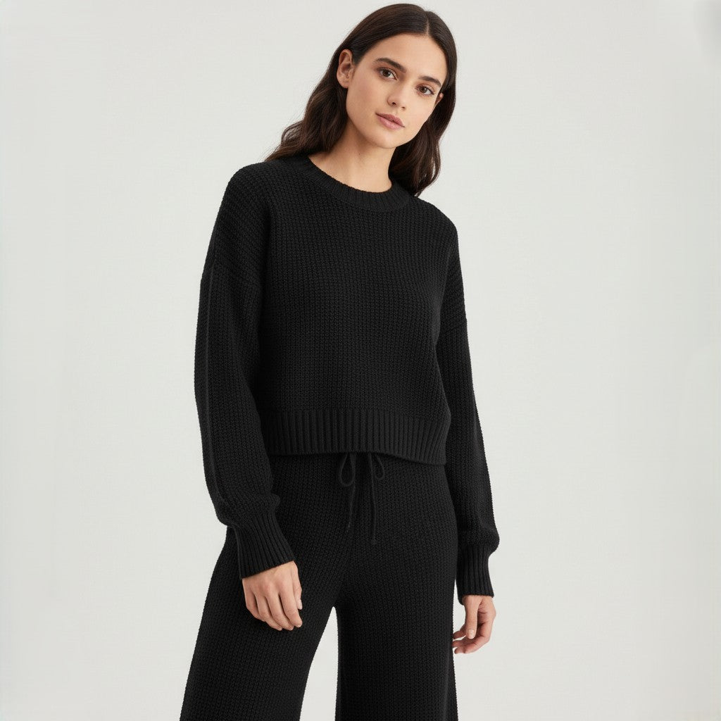Women’s Seed Stitch Sweater Two-Piece Set Pullover & Wide Leg Pants Outfit-Bon Voyage Vintage