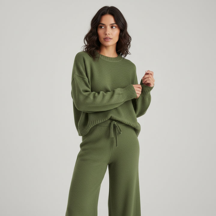 Women’s Seed Stitch Sweater Two-Piece Set Pullover & Wide Leg Pants Outfit-Bon Voyage Vintage