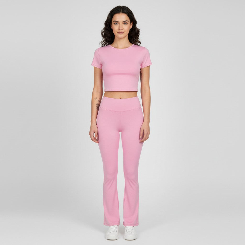 Women's Short Sleeve Crop Top and Flared Pants Two Piece Set-Bon Voyage Vintage