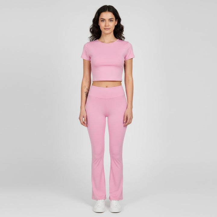 Women's Short Sleeve Crop Top and Flared Pants Two Piece Set-Bon Voyage Vintage