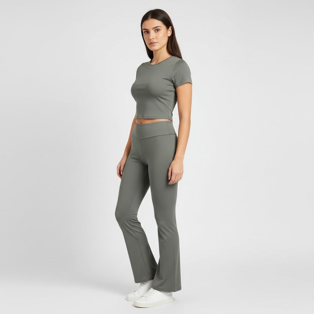 Women's Short Sleeve Crop Top and Flared Pants Two Piece Set-Bon Voyage Vintage