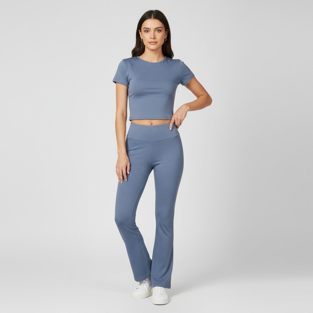 Women's Short Sleeve Crop Top and Flared Pants Two Piece Set-Bon Voyage Vintage