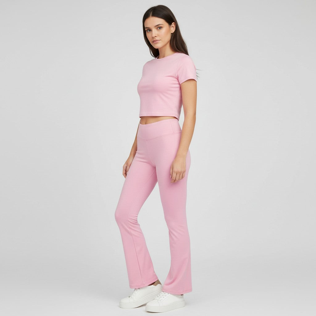 Women's Short Sleeve Crop Top and Flared Pants Two Piece Set-Bon Voyage Vintage