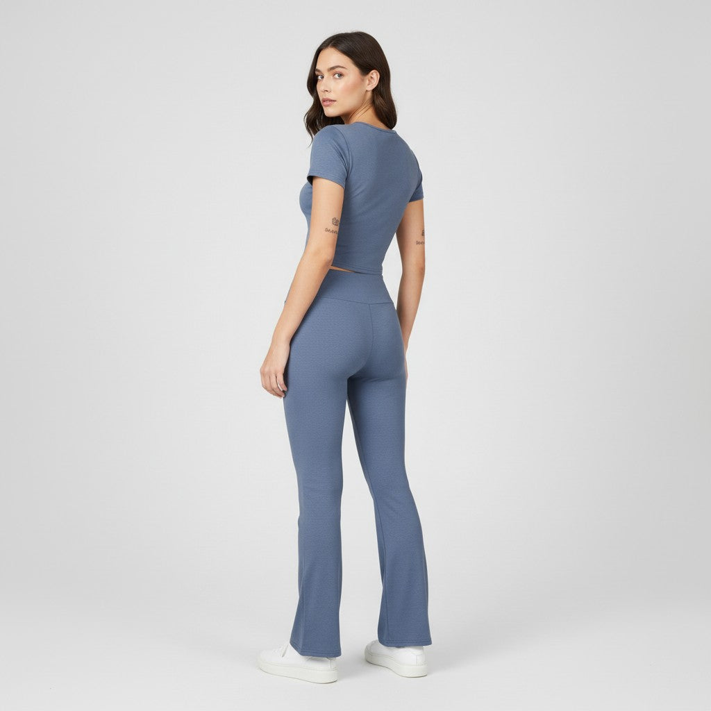 Women's Short Sleeve Crop Top and Flared Pants Two Piece Set-Bon Voyage Vintage