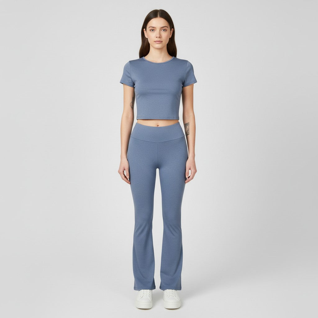 Women's Short Sleeve Crop Top and Flared Pants Two Piece Set-Bon Voyage Vintage