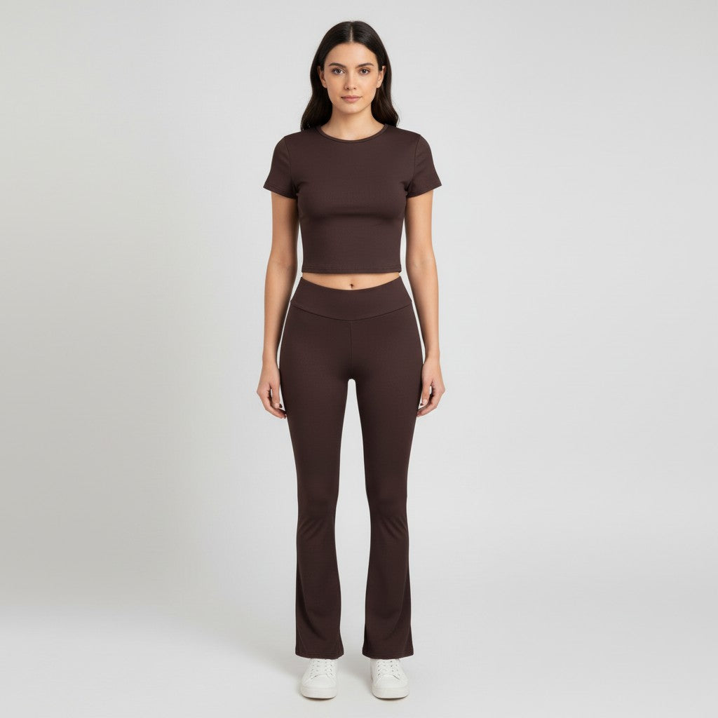 Women's Short Sleeve Crop Top and Flared Pants Two Piece Set-Bon Voyage Vintage