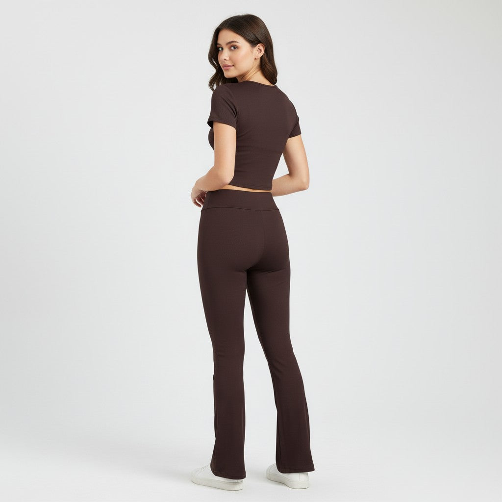Women's Short Sleeve Crop Top and Flared Pants Two Piece Set-Bon Voyage Vintage