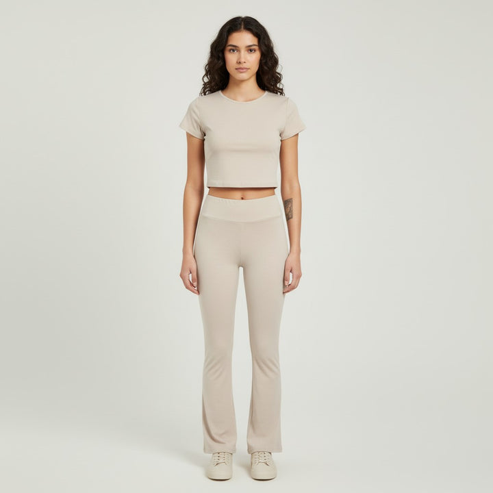 Women's Short Sleeve Crop Top and Flared Pants Two Piece Set-Bon Voyage Vintage