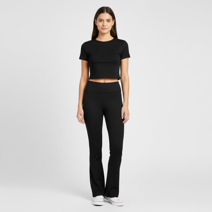 Women's Short Sleeve Crop Top and Flared Pants Two Piece Set-Bon Voyage Vintage