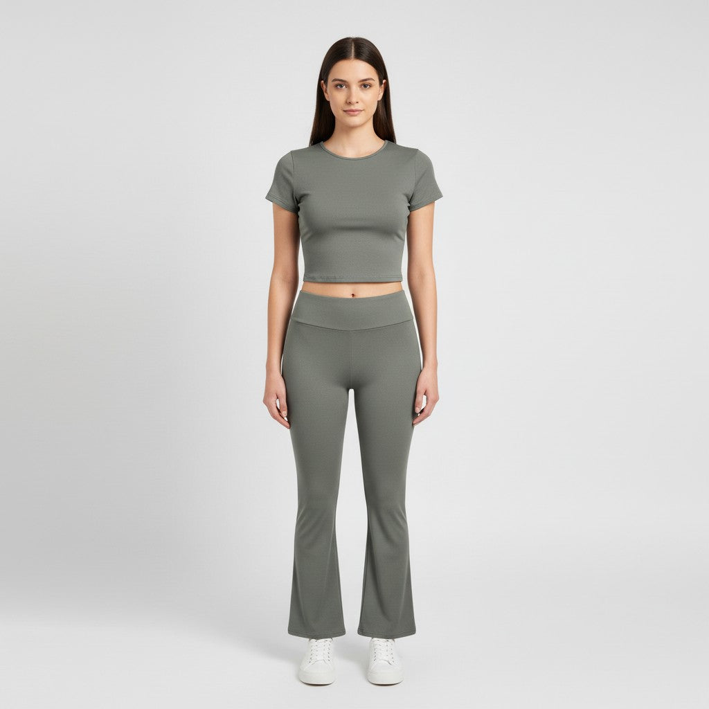 Women's Short Sleeve Crop Top and Flared Pants Two Piece Set-Bon Voyage Vintage