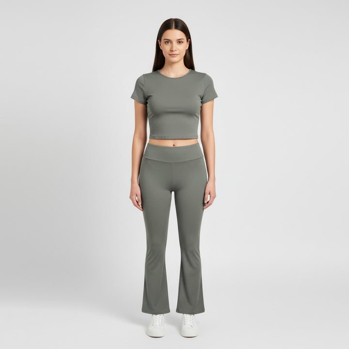 Women's Short Sleeve Crop Top and Flared Pants Two Piece Set-Bon Voyage Vintage