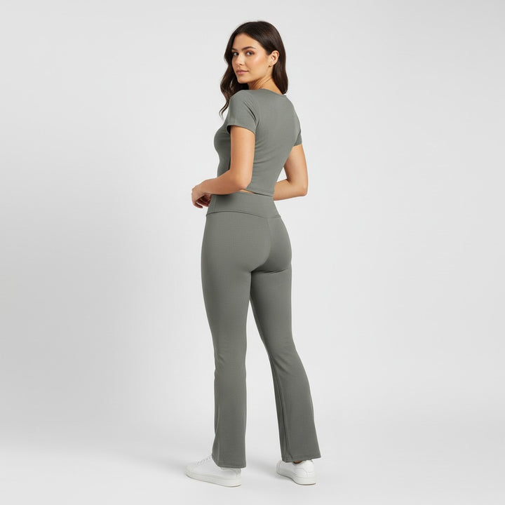 Women's Short Sleeve Crop Top and Flared Pants Two Piece Set-Bon Voyage Vintage