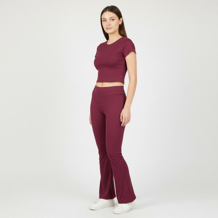 Women's Short Sleeve Crop Top and Flared Pants Two Piece Set-Bon Voyage Vintage